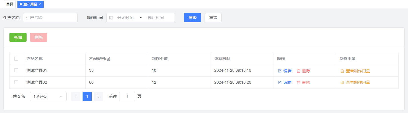 生产用量管理界面